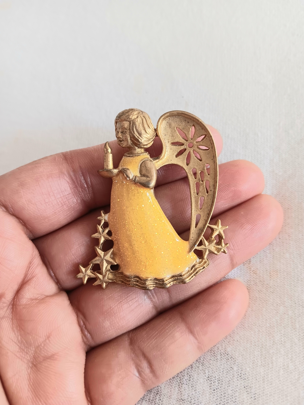 Estate Gold-Tone Angel Brooch with Yellow Enamel Gown